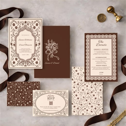 Rustic Vintage Brown Wedding Invitation Template, Victorian Rococo Floral Invite Suite, Chocolate & Ivory Cream Lace Border, Editable Canva - Etsy