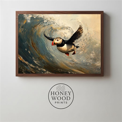 Atlantic Puffin in Flight Printable Painting - Moody Coastal Wildlife Art, Dramatic Nautical Seascape, Ocean Wave, Digital Download 471 - Etsy