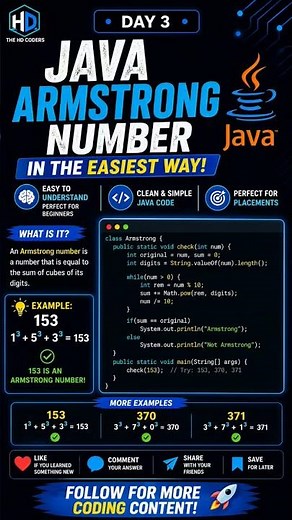 🚀 Day 3: Armstrong Number in Java — made super simple!Think you can crack this logic without looking