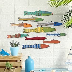 Yuntau 10 Pcs Fish Wall Decor Wooden Fish Wall Hanging Decor Beach Wall Decor Wood School of Fish Wall Art Nautical Theme Bathroom Decor Coastal Ocean Home Wall Decor, Not 3D Pattern(Vintage)