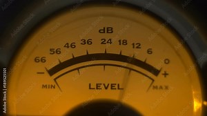 Close-up of classic analoge volume indicator working Reel to reel VU meters on sound mixer. Volume indicator needles moving from music sound. Professional studio equipment