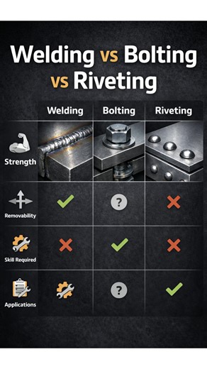 Visit weldfabworld.com Follow Shamit Knowledge Club Welding, bolting, and riveting are three common methods to join metal parts, but each serves a different purpose. Welding creates a strong, permanent joint ideal for heavy loads and leak-proof structures. Bolting allows easy assembly and maintenance, making it perfect for machines and structures that need dismantling. Riveting offers excellent resistance to vibration and is widely used in aircraft and structural work. Choosing the right joint d