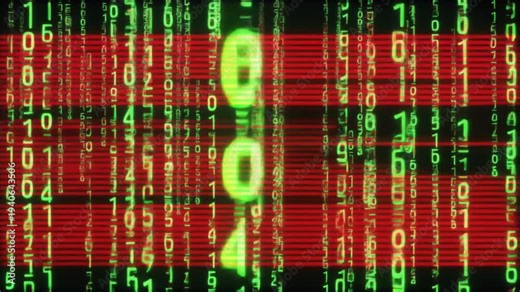 Binary code streaming down a red digital screen with green and yellow numbers and letters, computer data flow, futuristic technology background, data encryption, coding, hacking, digital matrix
