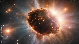 An illustration of a comet with a glowing tail in deep space