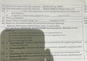 | 11. | What is the output of the SQL command : SELECT 12*3 as ... | Filo