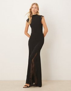 Vestido largo negro de cuello alto con mangas de casquillo e inserto de encaje de ASOS DESIGN | ASOS