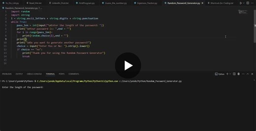 #python #pythonprojects #learningjourney #programming #cybersecurity #passwordgenerator #skilldevelopment #skillarc | Kavya sahithya Erakam