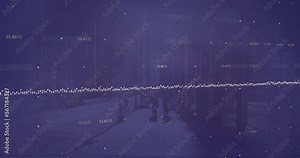 Animation of dots, changing numbers and graphs over people walking on street