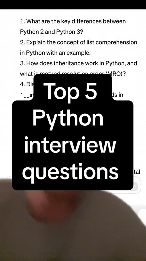 #greenscreen Top Python interview questions: 1. What are the key differences between Python 2 and Python 3? 2. Explain the concept of list comprehension in Python with an example. 3. How does inheritance work in Python, and what is method resolution order (MRO)? 4. Discuss the differences between `__str__` and `__repr__` methods in Python. 5. Explain the purpose of the `*args` and `**kwargs` parameters in Python function definitions, and provide an example of how they are used. These questions c