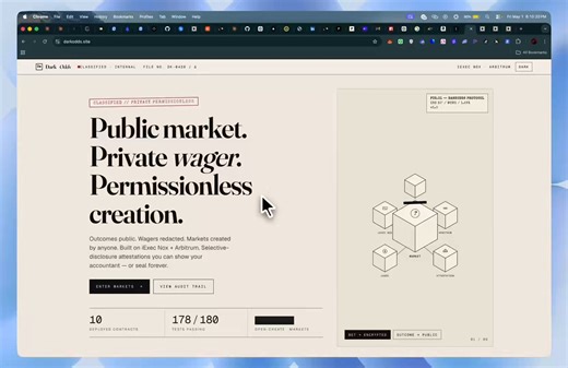 DarkOdds is a privacy permissionless prediction market on Arbitrum Sepolia. Public outcomes and odds, but your bet size is encrypted on-chain via iExec Nox handles. Winners claim through Intel TDX TEE handlers that compute proportional pari-mutuel payouts inside the enclave, then re-encrypt the result solving the division problem pure-FHE markets can't. Selective-disclosure attestations let users prove wins to accountants, governments, or seal them forever. Anyone can create markets via ChainGPT