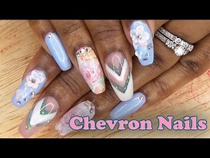 Acrylic Nails Chevron Nails with 3D Acrylic Flowers - LongHairPrettyNails