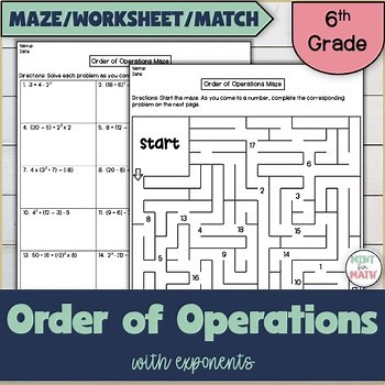 Order of Operations With Exponents Maze and Worksheet Activity 6th Grade