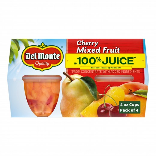 Del Monte Cherry Mixed Fruit in 100% Fruit Juice, 4 oz Cup (Pack of 4)