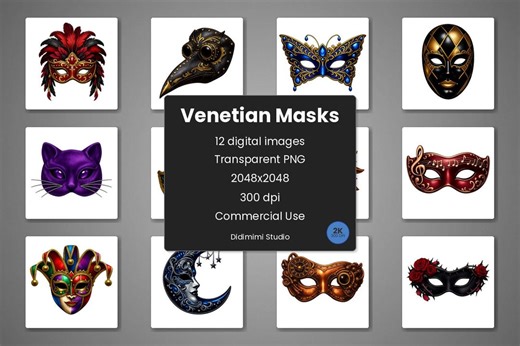 Masquerade Mask Clipart PNG | Venetian Carnival Art | 12 Mask PNG 300dpi Commercial Use - Etsy