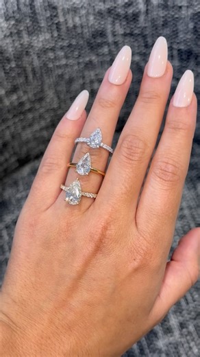 Showcasing three spectacular pear cut diamond engagement rings in a solitaire setting. Explore the range of one-of-a-kind designs in the ANTON engagement collection and book an appointment with a diamond specialist to start your journey to forever. Sizes shown (from bottom to top): 2.61ct, 1.53ct and 1.50ct. | ANTON Jewellery