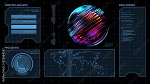 HUD digital Screen monitor display dashboard background. Smart technology IOT of sci-fi future with world globe map 3D rendering simulation