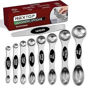 Nextop Stainless Steel Magnetic Measuring Spoons Set – 9 Pieces Dual-Sided Stackable Magnetic Teaspoons and Tablespoons for Dry & Liquid Ingredients – Kitchen Gadgets for Baking & Cooking – Black