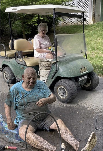thejockandbelleshow (@thejockandbelleshow) - I guess that’s one way to clean out a drain pipe 🤣😭😭 #grandparents #grandma #grandpa #golfcart #hardwork #yardwork #fyp