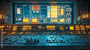 Control Panel Tech: Immersive view of a complex control panel glowing with data, buttons, and screens, indicating advanced technology and operation.