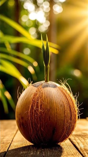 The video shows a sprouting coconut (the fruit of the Cocos nucifera palm tree).