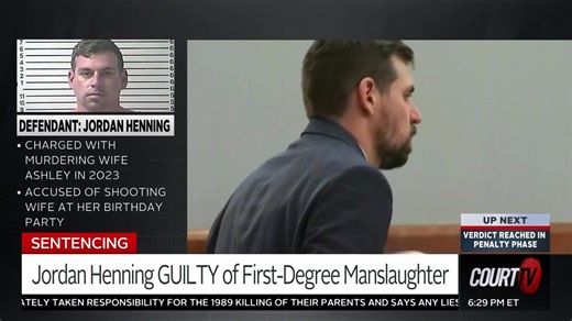 Jordan Henning is sentenced after being convicted of the lesser charge of first-degree manslaughter in the death of his wife, Ashley Henning. https://trib.al/r5ZkL4X | COURT TV