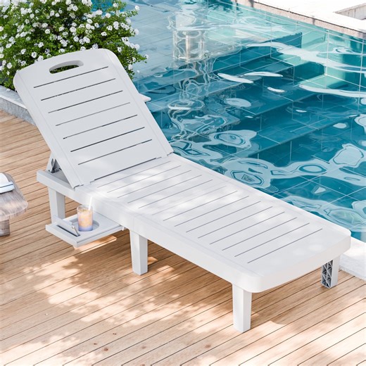 CDCASA Oversized Outdoor Chaise Lounge Chair – 5-Position Adjustable Backrest, Hidden Cup Holder, Weather-Resistant Resin Pool Lounge Chairs for Patio, Deck, and Backyard (Set of 1，White）