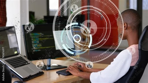 Woman dev typing initiating HUD layering over monitor and user orbiting icons while monitoring code