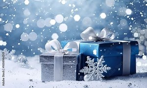 christmas presents on snowy winter background