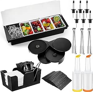 Mifoci Bartending Supplies 5 Compartments Garnish Tray with Lid Bar Caddy 3 Tier Glass Rimmer Stainless Steel Bottle Pourers Juice Pouring Cocktail Tools Plastic Serving Accessories