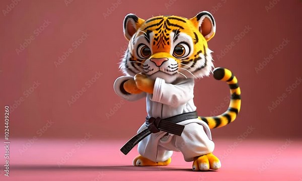 A cartoon tiger wearing a white karate uniform with a black belt, stands in a fighting stance with a serious expression.