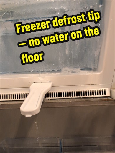This freezer was covered in ice from top to bottom ❄️ Use this simple trick to defrost without making a mess: The ice scraper has a small hole in the handle. Insert the wide side into the hole at the front bottom of the freezer, and let the melted ice run through the handle straight into a bucket. Cleaner, controlled, no mess #FreezerDefrost #CleaningTips #KitchenCleaning #LifeHacks #CleanRates @Clean Rates @Clean Rates @Clean Rates