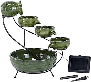 Smart Solar Glossy Ceramic 4-Tiered Cascade Solar-Powered Fountain with 10' Cable, Elegant Cascading Outdoor Solar Garden Fountain, Green