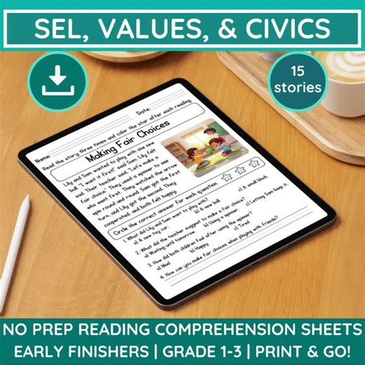 Civics & SEL Reading Comprehension Worksheets: Grades 1-2 (printable PDF) - Etsy