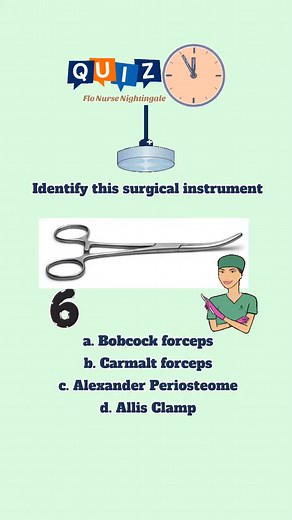Identify this surgical instrument a. Bobcock forceps b. Carmalt forceps c. Alexander Periosteome d. Allis Clamp #flonursenightingale #rn #nurse #fyp #foryourpage #nurses #nursingstudent #flonursenightingale #nurses #learningisfun #nursetobe #nclexrn #quiz the correct answer: b. Carmalt forceps | Flo Nurse Nightingale