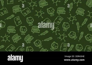 Seamless handdrawn education doodle pattern on green background featuring school icons notebooks pens desks and science motifs ideal for packaging textiles and digital designs.