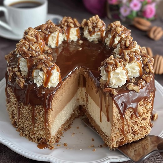 Brown Butter Pecan Crunch Cake with Bourbon Caramel Drip I. Ingredients For the Brown Butter Pecan Cake Layers 2 1/2 cups (315g) all-purpose flour 1 teaspoon baking soda 1/2 teaspoon salt 1 cup (226g or 2 sticks) unsalted butter 1 1/2 cups (300g) granulated sugar 1/2 cup (110g) packed dark brown sugar 4 large eggs, room temperature 1 cup (240ml) buttermilk, room temperature 1 teaspoon vanilla extract 1 cup (100g) finely chopped pecans, toasted For the Pecan Crunch Filling 1/2 cup (113g or 1 stic