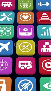 App 3d scrolling - Monitor with apps icons set - Set of applications symbols scroll on mobile device screen