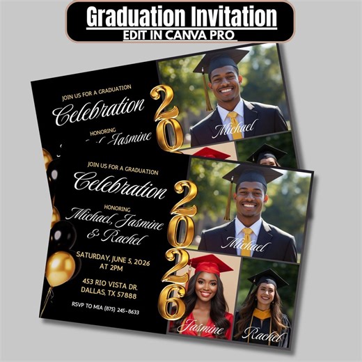 Triple Graduation Party Invite, 3 Graduates Invitation, Canva Editable Grad Announcement, Siblings, Best Friends, Triplets, High School - Etsy