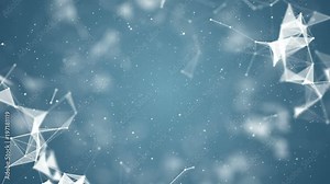 Triangles, points and lines smoothly move along a trajectory in space. Blue gradient background. Movement in the diagonal corners of the screen. Network operation. Place for text. Plexus cinematic