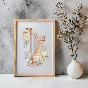 Harp Cross Stitch Pattern Instant PDF Download -floral Harp Watercolor Cross Stitch Hand Embroidery Musical Instrument Pattern Flowers - Etsy