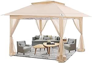 12'x12' Pop Up Gazebo with 4 Sidewalls Mosquito Netting, Heavy Duty Outdoor Canopy Tent with Double Air Roofs for Backyard Garden Parties Patio and Events, Beige