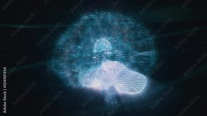 Wifeframe of 3D Animation of Digital Hologram of Human Brain with Luminous Lightened Pulses, Rotating on Blue Background with Splashes Lines. Cortex. Artificial Intelligence. Neuronal Activity