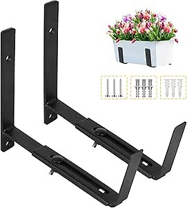 LukLoy Window Planter Box Brackets, 2 Pack Adjustable Heavy Duty Wall Mount Window Flower Boxes Outdoor with Bracket (6 to 12 in), with 70lbs Capacity, Black