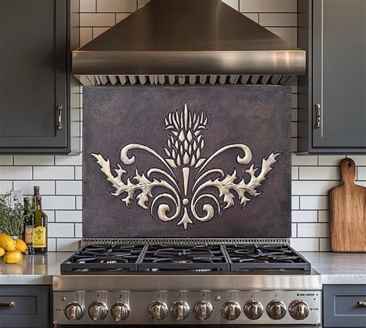 Hand-hammered Copper Backsplash Panel With Scottish Thistle Design, Handmade Decorative Wall Art Behind Stove - Etsy