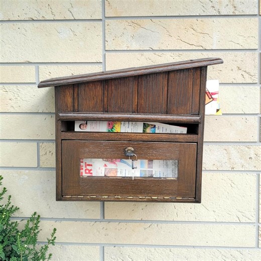 Solid Oak Wooden Mailbox With Newspaper Holder – Lockable Rustic Outdoor Wall Mailbox for Farmhouse Home - Etsy UK