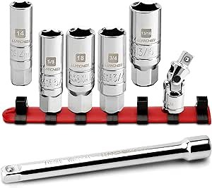 LLNDEI 3/8 Inch Drive Spark Plug Socket Set SAE & Metric, High Visibility 6 Point Sockets CR-V Steel, Mirror Polished Sockets with Rubber Retaining Rings-Spark Plug Removal Tool for Car Repair 7PCS