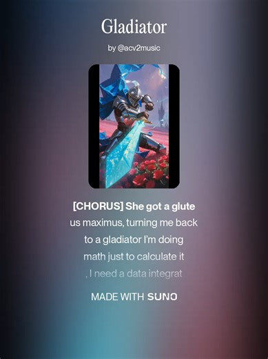 Gladiator ⚔️🔥 (Original AI Track by ACV2 Music) Built for warriors, grinders, and anyone fighting their way through life. Heavy-hitting beat, fearless energy, and battle-ready vibes—this is gym fuel and mindset music. 👉 Use this sound for workout edits, boxing clips, transformation videos, motivation reels, or “never quit” POVs — tag @acv2music and I’ll repost. Follow for hard-hitting hip-hop, trap & EDM drops 🎧 #Gladiator #ACV2Music #AIMusic #Suno #GymTok #MotivationMusic #WorkoutMusic #Trap