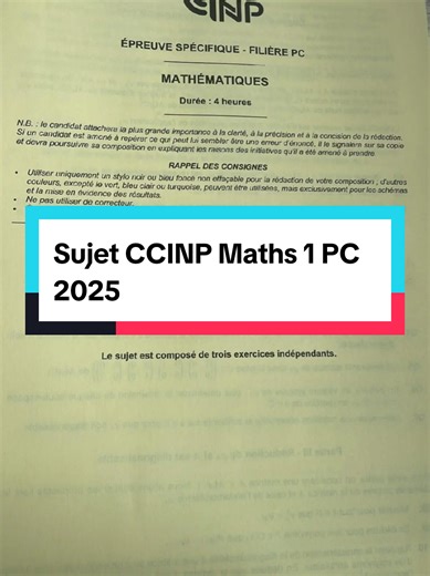 Sujet CCINP Maths 1 PC 2025 : Résultats et Analyse