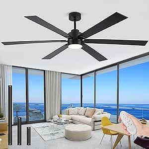 66 Inch Large Outdoor Ceiling Fan with Light,Black Industrial DC Motor Ceiling Fan with 6 Reversible Blades, Dimmable 3CCT, High CFM Large Exterior Ceiling Fan for Porch Garage Shop Commercial