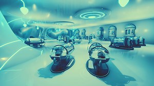 A futuristic laboratory filled with shiny and transparent objects